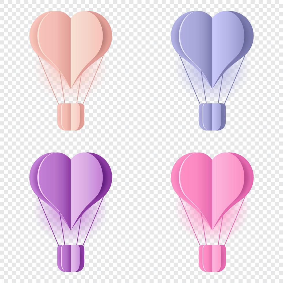 Set of paper art of balloon. Paper art style of colorful hot air balloons. Love in paper cut style. Vector illustration