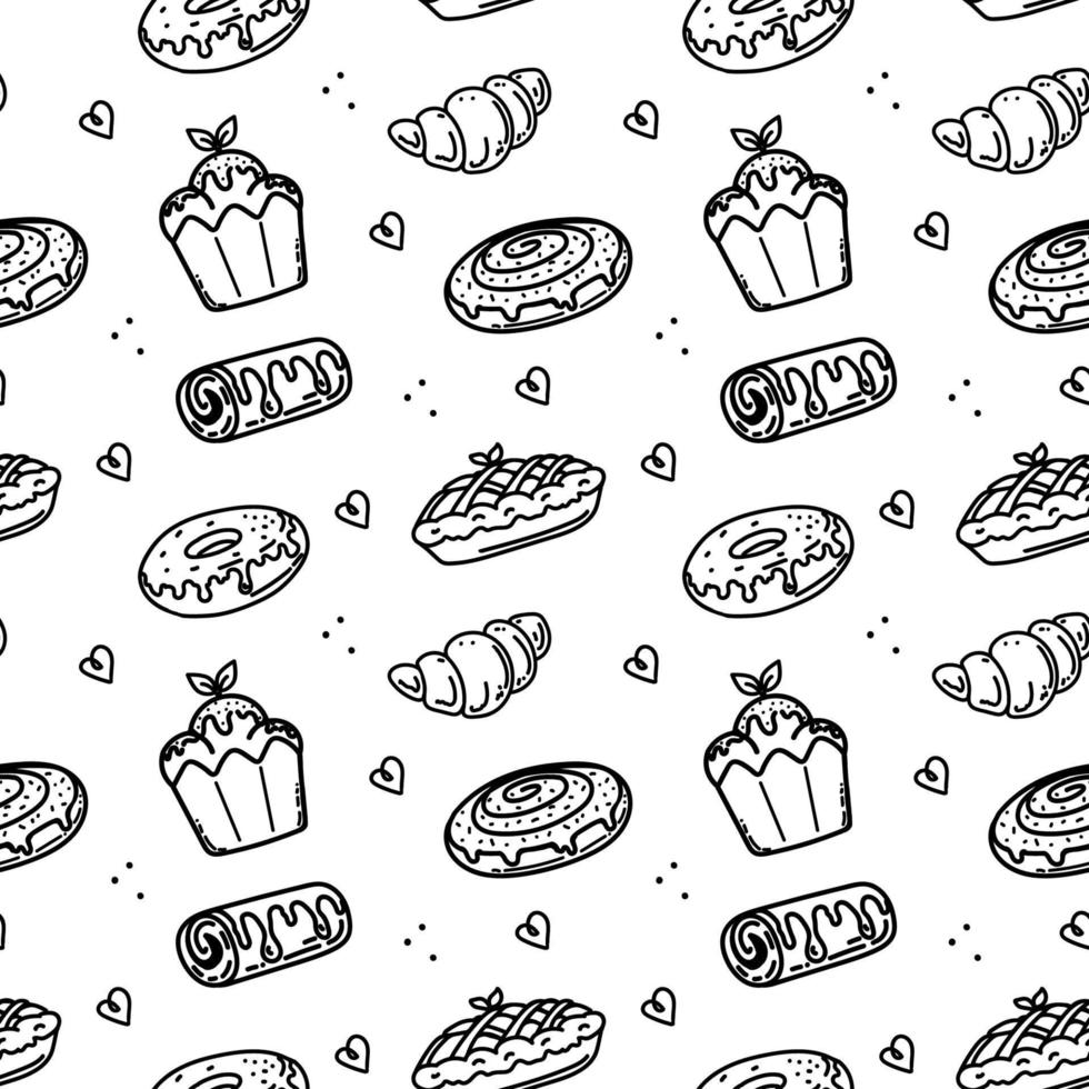 A seamless pattern of hand-drawn doodle-style baked goods and pastries. Collection of different kinds of bread, croissant, baguette, scones, muffin, muffin. Vector cute illustrations on white