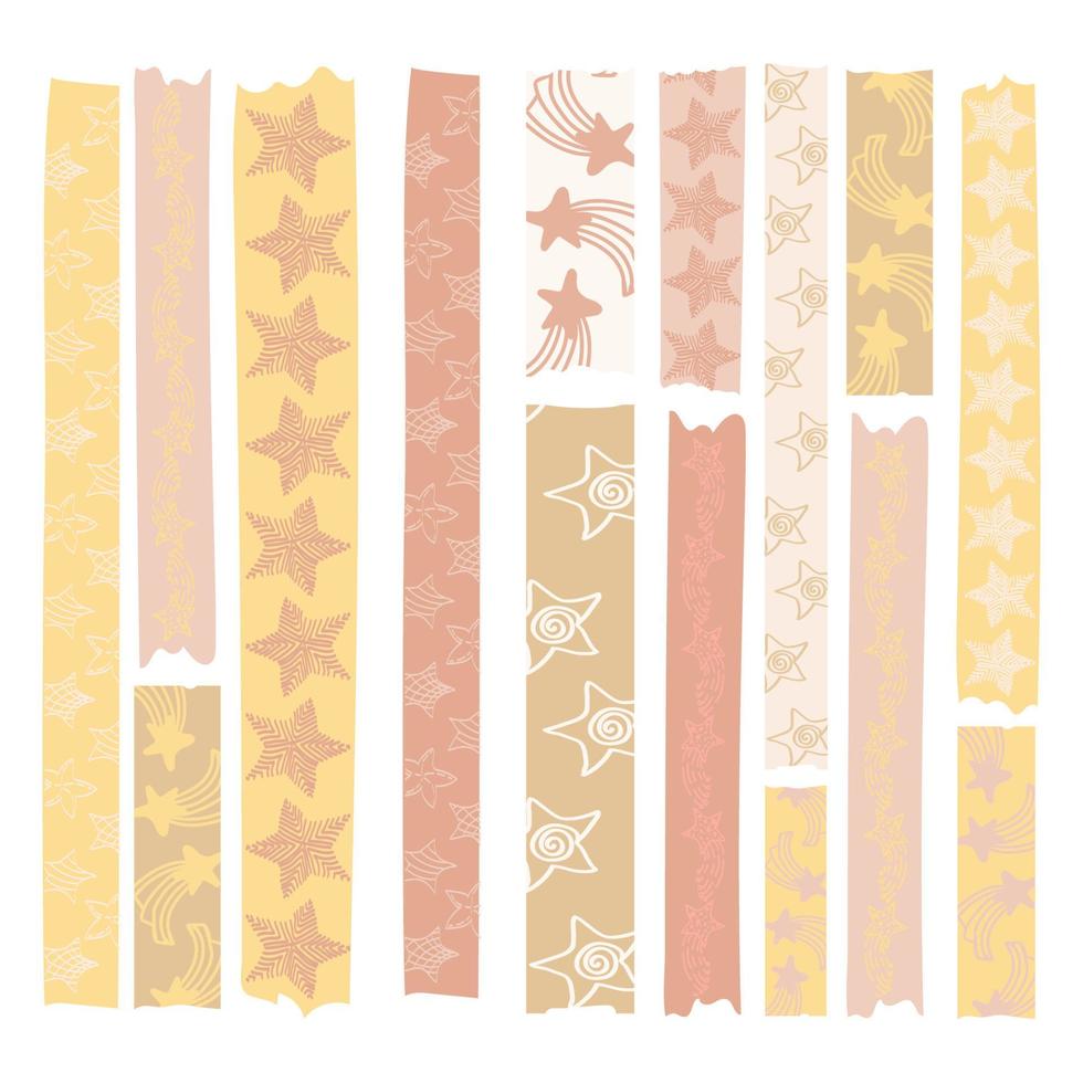Large set of scotch tape strips with various hand-drawn designs. Pastel stars with different patterns. Scotch tape stickers. Vector horizontal illustration
