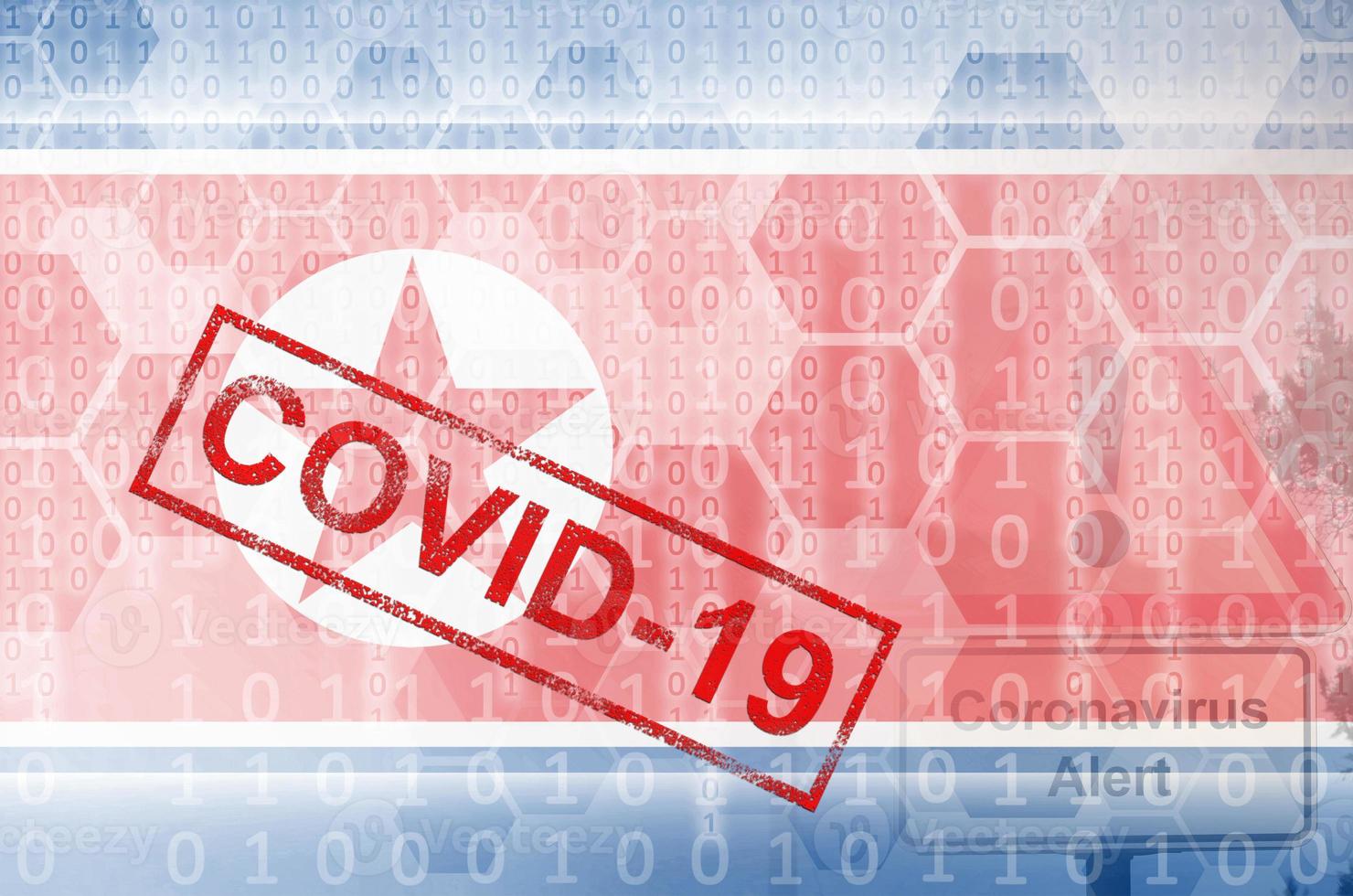 North Korea flag and futuristic digital abstract composition with Covid-19 stamp. Coronavirus outbreak concept photo