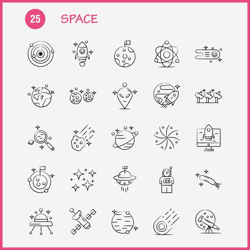 Space Hand Drawn Icons Set For Infographics Mobile UXUI Kit And Print Design Include Rocket Space Transportation Moon Planet Space Spaceship Telescope Icon Set Vector