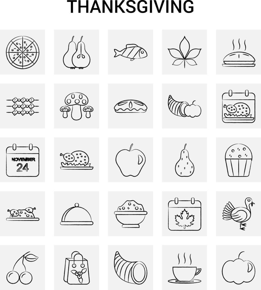 25 iconos de acción de gracias dibujados a mano conjunto garabato de vector de fondo gris