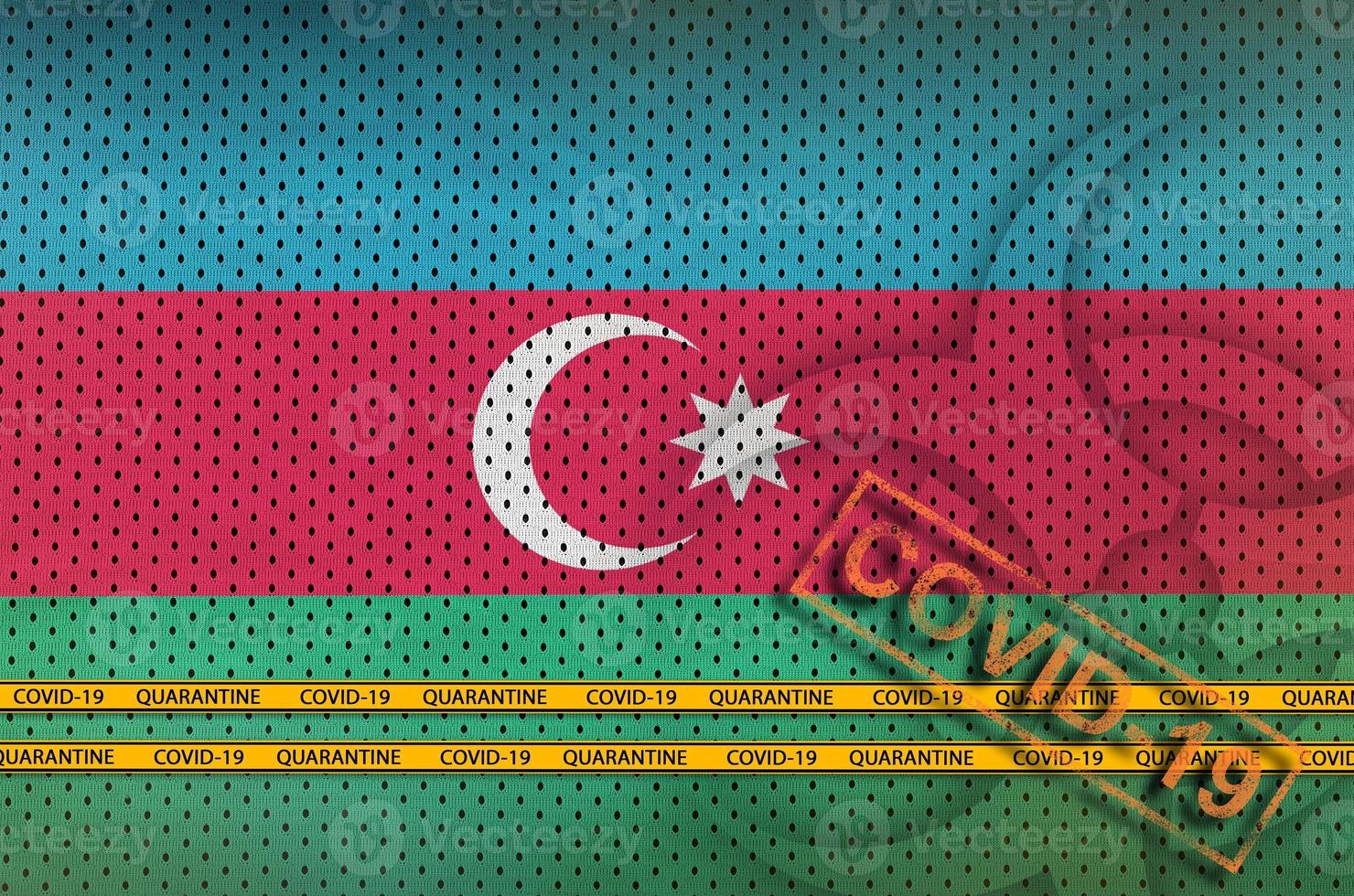 Azerbaijan flag and orange Covid-19 stamp with border tape. Coronavirus or 2019-nCov virus concept photo