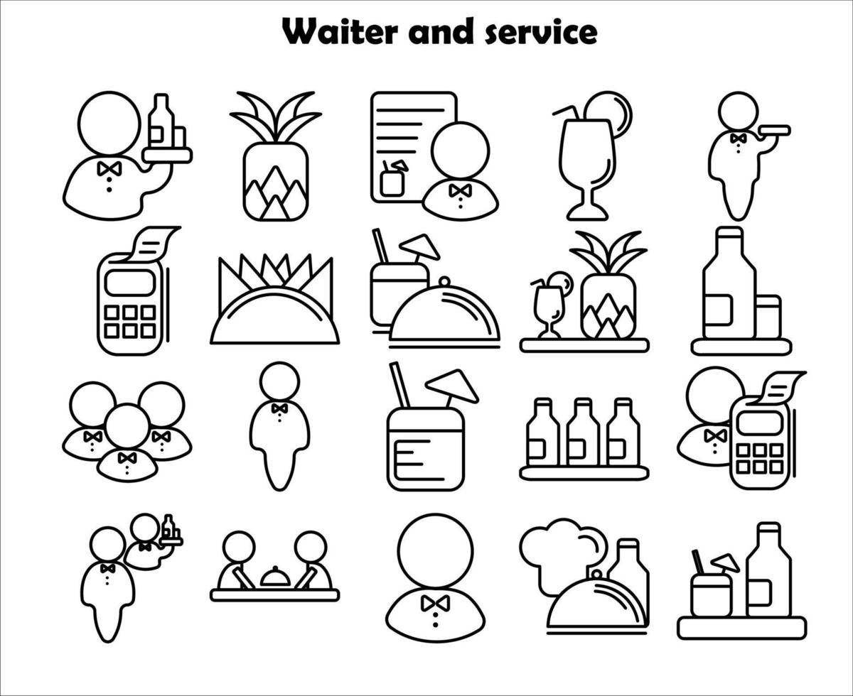 iconos de línea de restaurante sobre un fondo blanco. camarero y servicio. vector