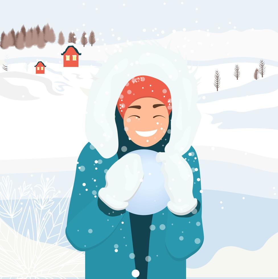 people spend time on the street in winter. Winter entertainment. A woman in a blue overall with a snowball vector