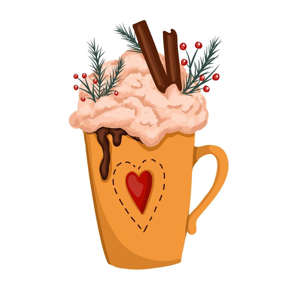 taza de cerámica con chocolate caliente, crema y malvaviscos. rama de canela y canela. capuchino de invierno. café con leche en una linda taza. vector