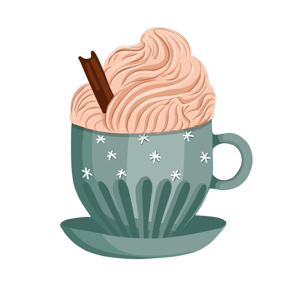 Ceramic cup with hot chocolate, cream and marshmallows. Cinnamon stick, and cinnamon. Winter cappuccino. Latte in a cute cup. vector