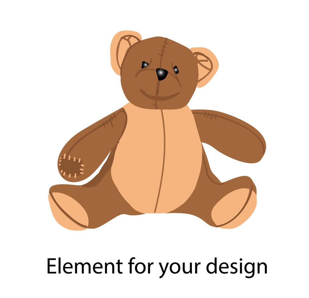 Sitting Teddy Bear toy with blue bow isolated over white background. Clipart vector illustration.