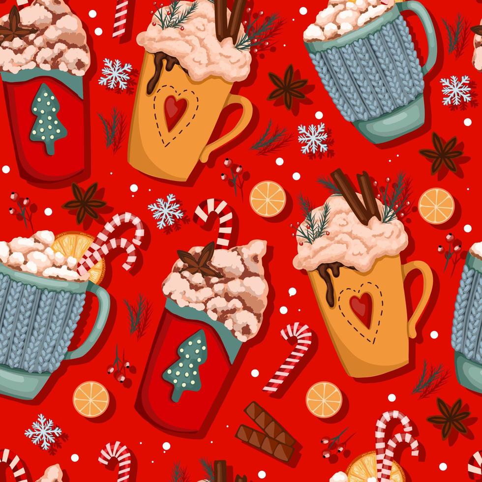 papel de regalo con vasos de navidad. bebida caliente de invierno con malvaviscos y crema. acogedor patrón sin costuras en estilo hygge. Decoración navideña. vector