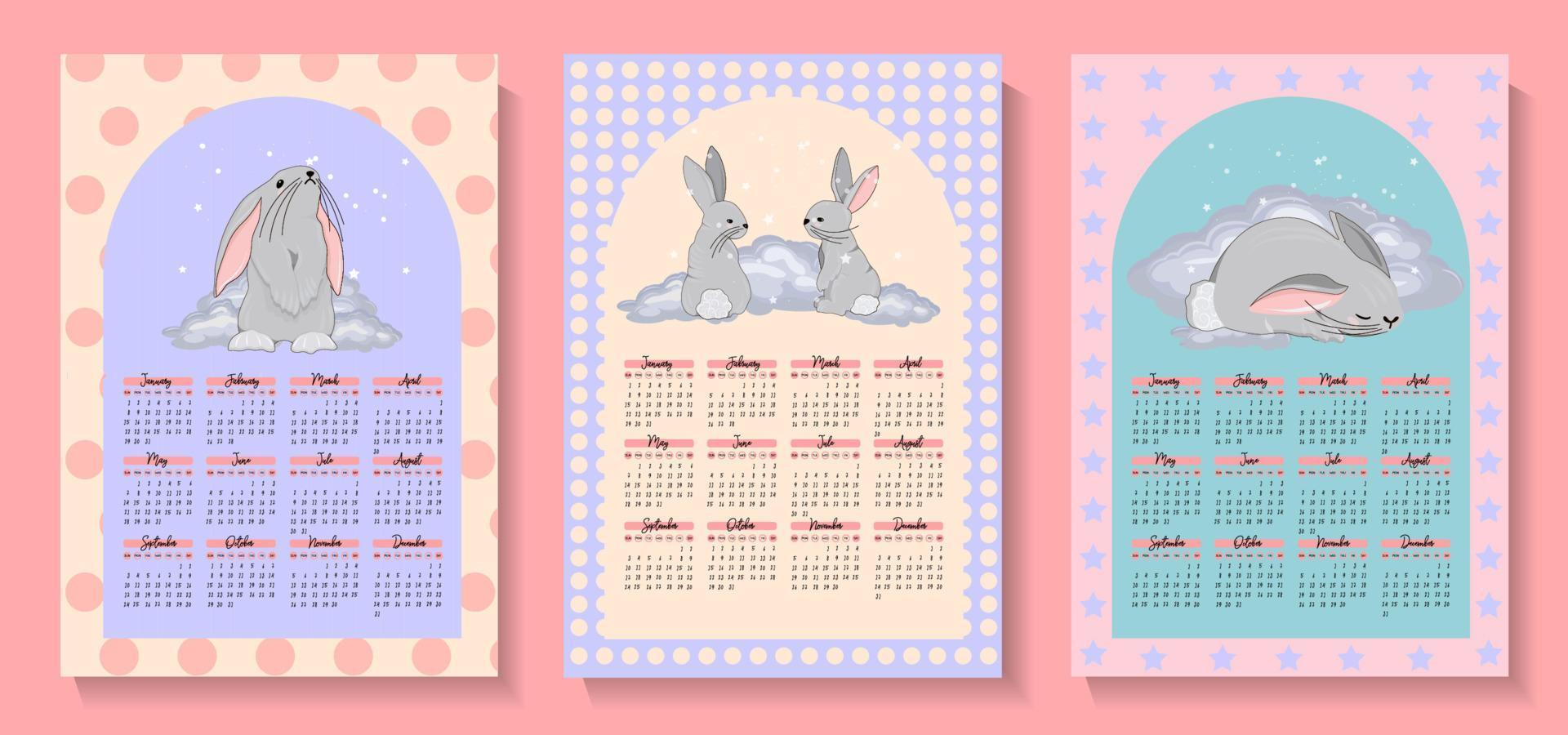 calendar for 2023 Year of the Rabbit. Vector calendar template vertical A4 format