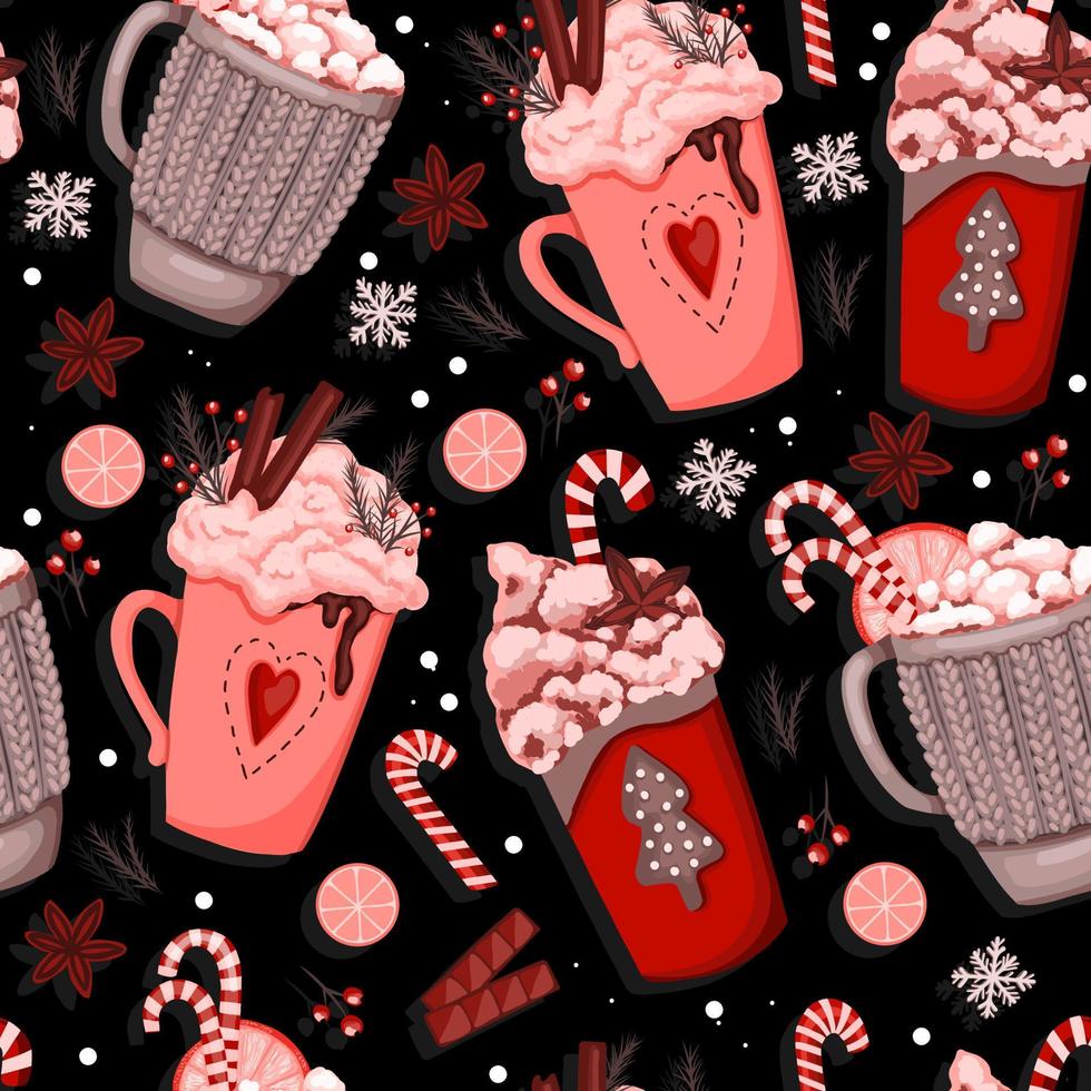 papel de regalo con vasos de navidad. bebida caliente de invierno con malvaviscos y crema. acogedor patrón sin costuras en estilo hygge. Decoración navideña. vector