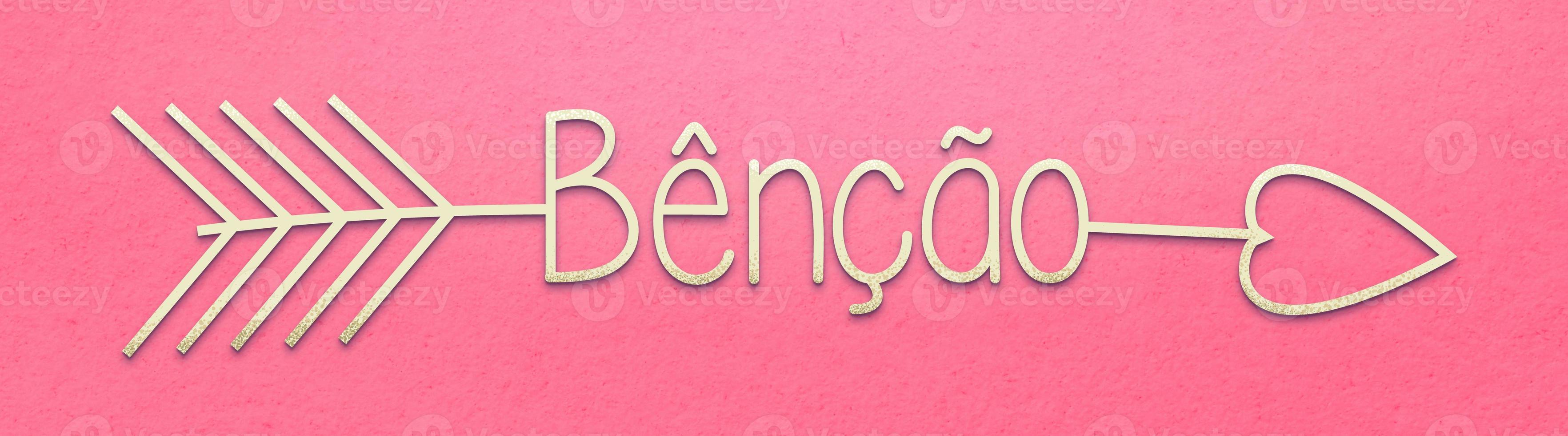 Beige arrow with the word blessing in Brazilian Portuguese on pink background. Translation - Blessing. photo
