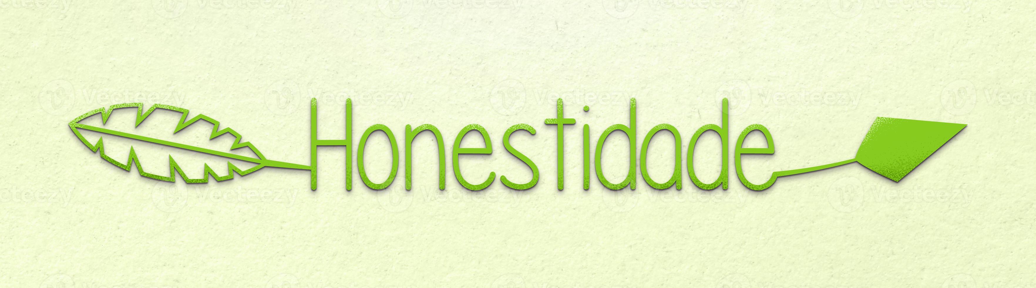 Green arrow with the word honesty in Brazilian Portuguese on light green wall. Translation - Honesty. photo