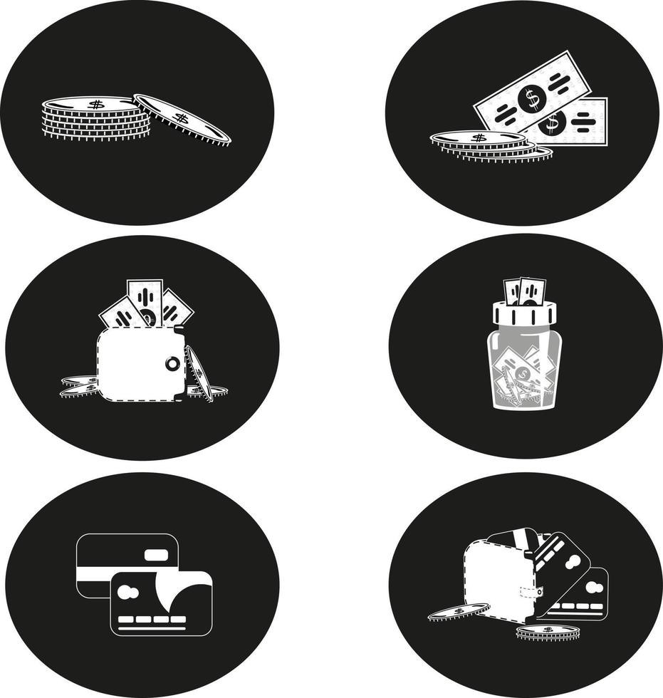 Set of monochrome icons of money and gold coins with plastic cards and wallet on black background. Vector, icons, black and white vector