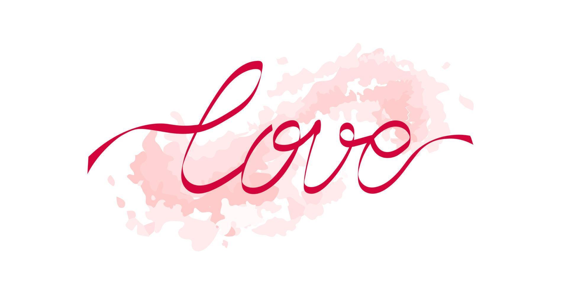 Word Love, lettering written by flying red ribbon or red thread of destiny, on pink splash, brush stroke background with scattered drops. Cute isolated design element for prints, web vector