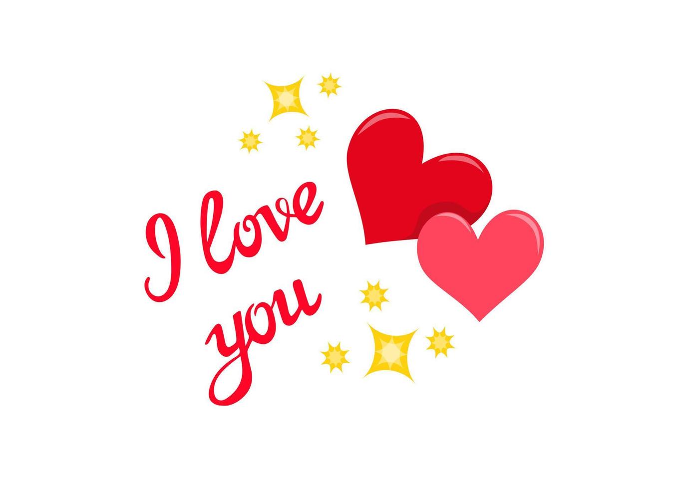 I love you, simple brush lettering inspirational message, slogan, quote with two red and pink hearts and golden stars. Easily editable hand drawn vector design on white background
