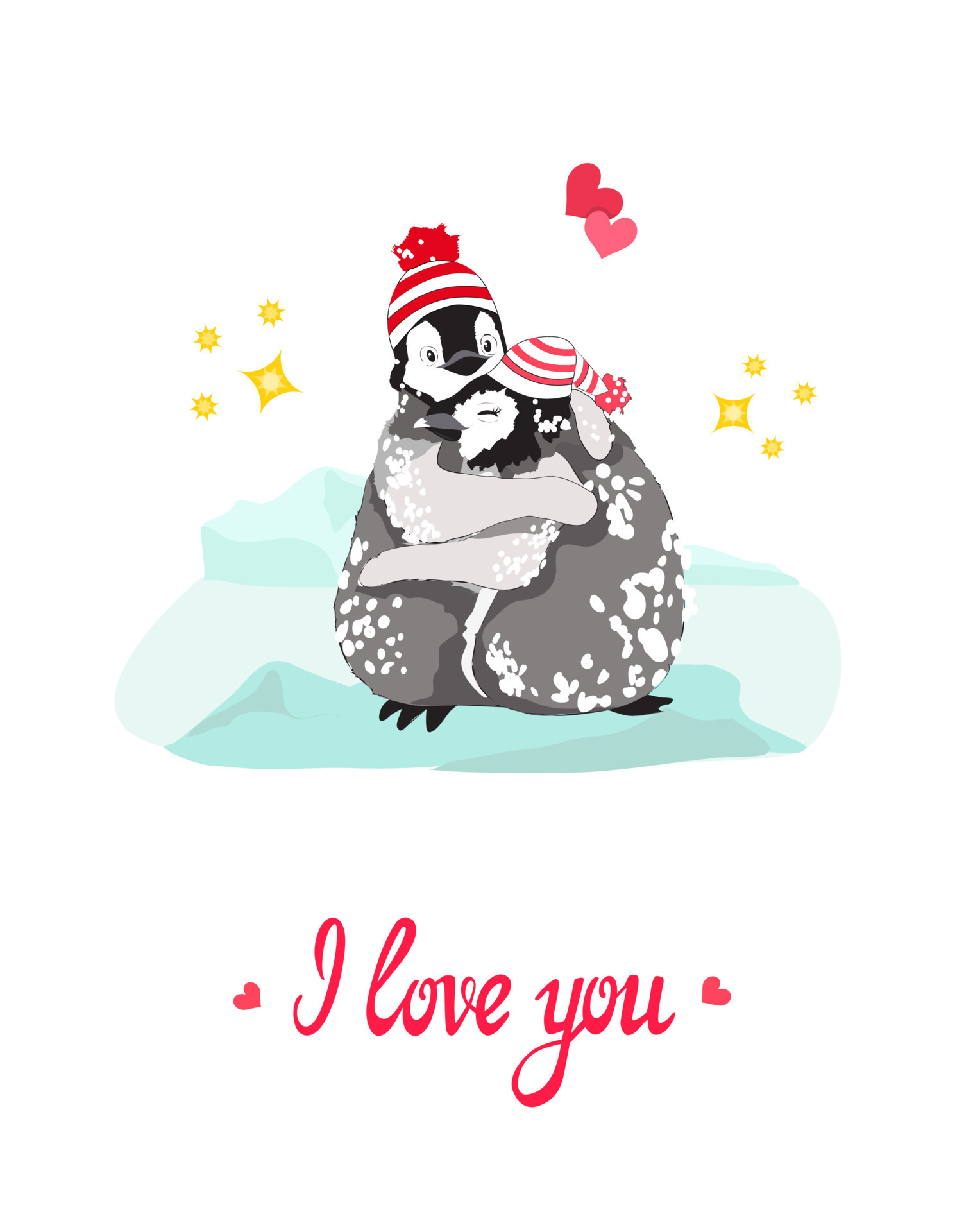 Cute cartoon penguins, boy and girl, in knitted hats, hugging in icy snowy  arctic field, glacier, hearts, stars around, I love you brush lettering.  Valentine, hug day, anniversary greeting card prints 14305432