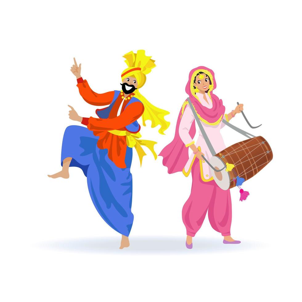 Happy Sikh couple, bearded man in turban dancing bhangra dance, young woman in pink Punjabi suit playing dhol drum at harvest festival Lohri, party. Isolated cartoon characters on white background vector