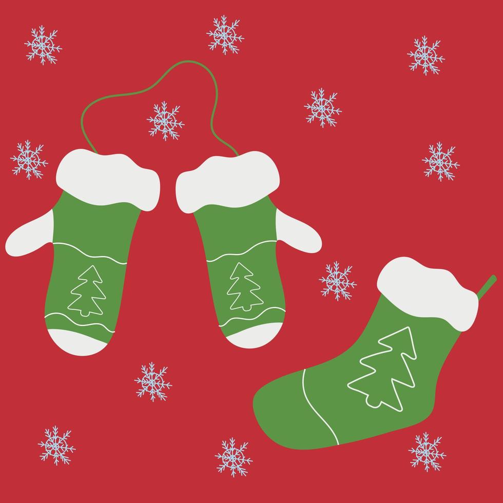 ilustración navideña de calcetines y mitones verdes sobre un fondo rojo. estilo plano vector. vector