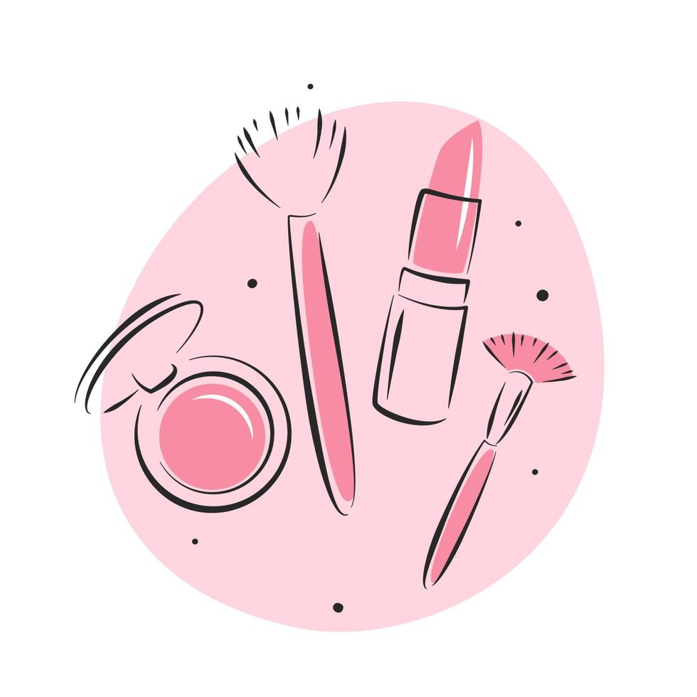 Beauty salon logo. Makeup tools, cosmetic brushes, lipstick, blush. Vector illustration