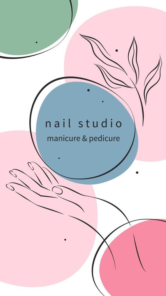 manicura y pedicura. hermosas manos femeninas bien cuidadas. diseño de estudio de uñas para publicaciones e historias en redes sociales, aplicaciones móviles. vector