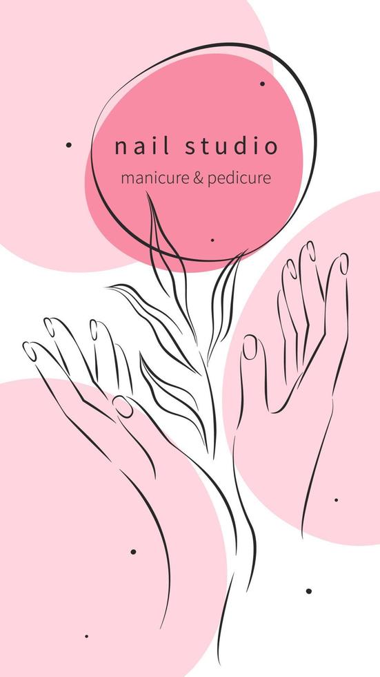 Beautiful female hands. Design layout nail studio for social media posts and stories, mobile apps. Vector illustrations
