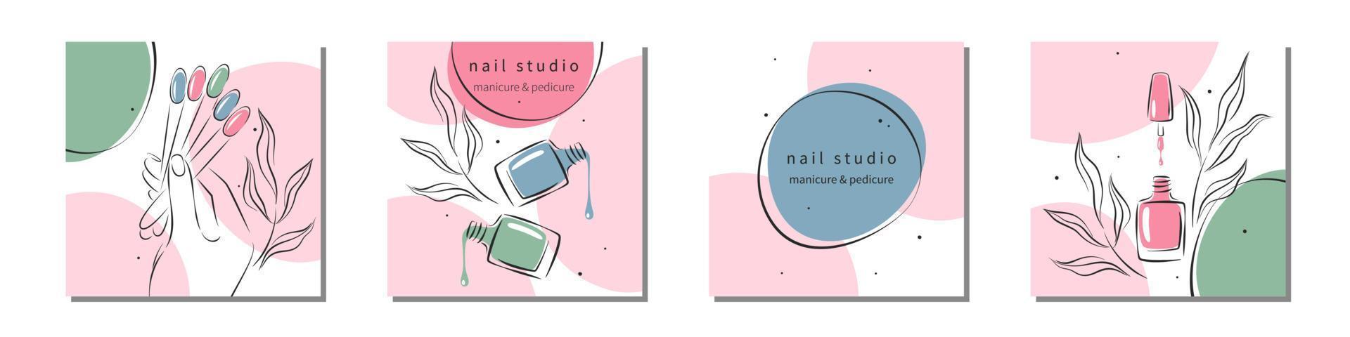 Set of design for nail studio or salon for social media posts and stories, mobile apps. Beautiful female hands with color samples nail polish. Vector illustrations