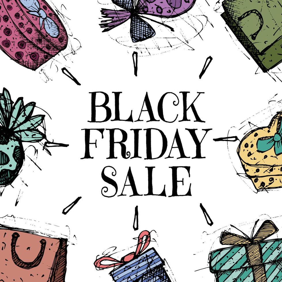 Black Friday Sale with white background and hand drawn gift boxes doodle vector