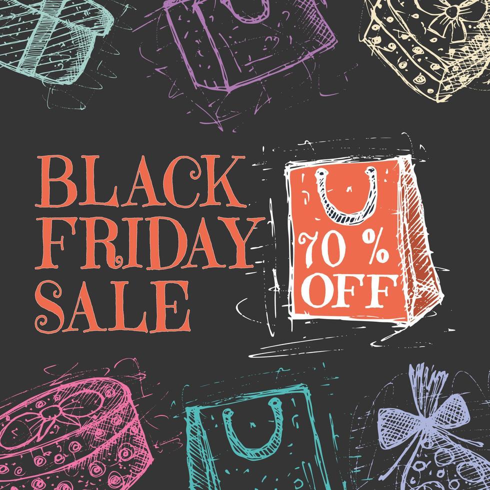 Black Friday Sale card for social media with dark background and hand drawn gift doodles vector