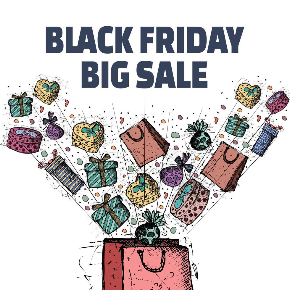 Black Friday Sale with white background and hand drawn gift boxes doodle vector