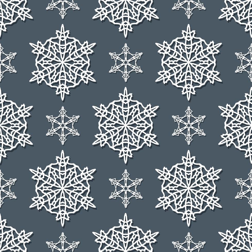 patrón sin costuras de invierno con copos de nieve sobre un fondo gris. ilustración vectorial en estilo corte de papel vector