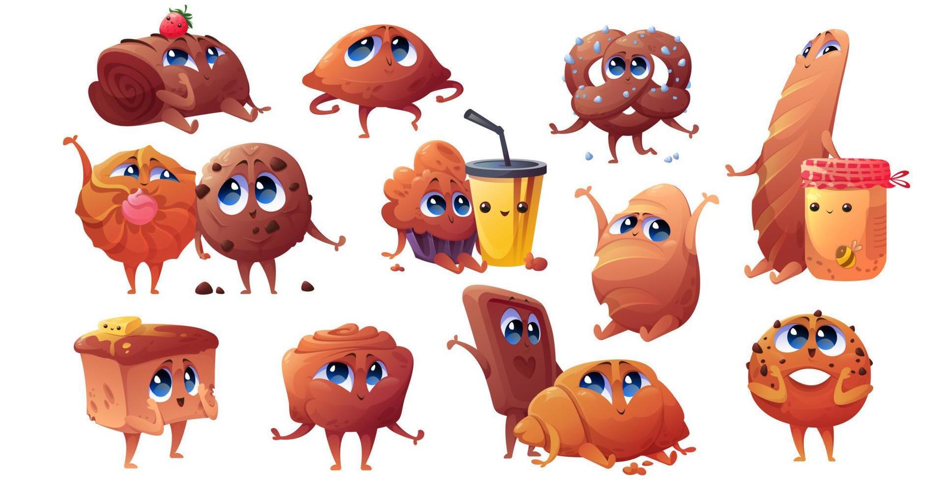 Cartoon bakery cute characters, cheerful mascots vector