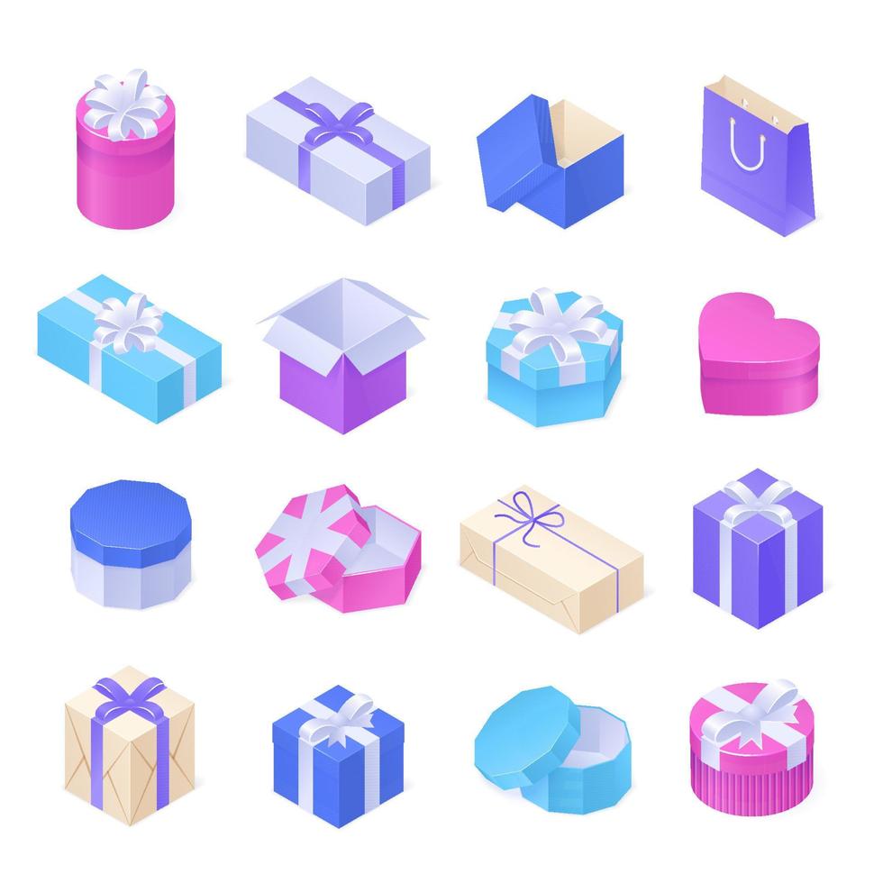 Isometric gift boxes with silver ribbon and bow vector