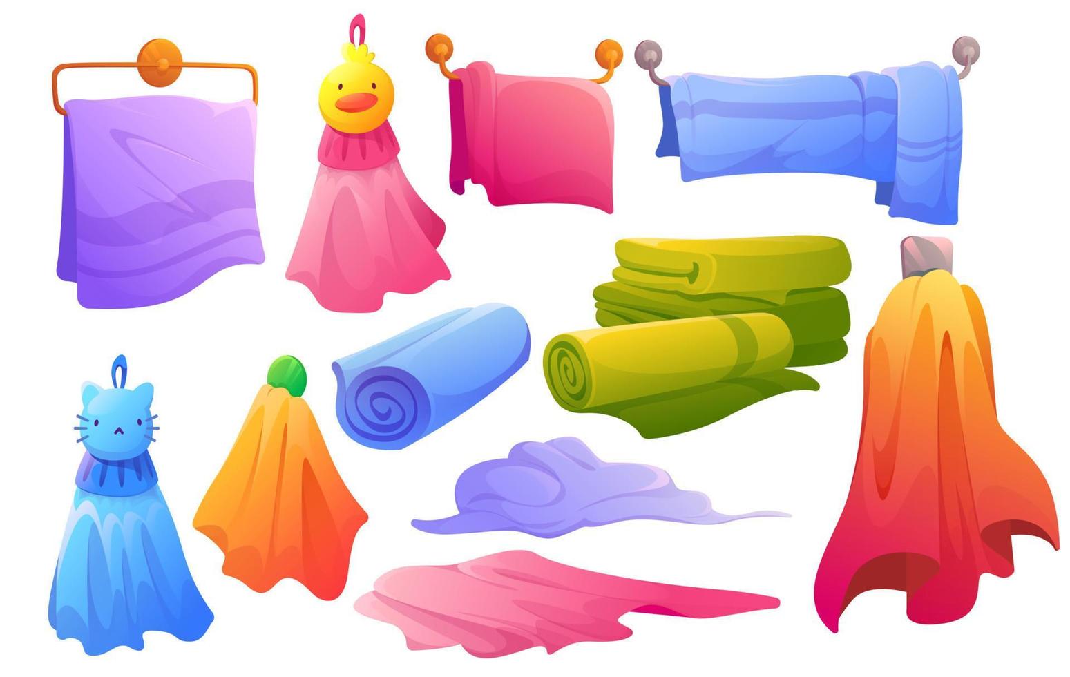 Set of towels hanging, lying, in stack and roll vector