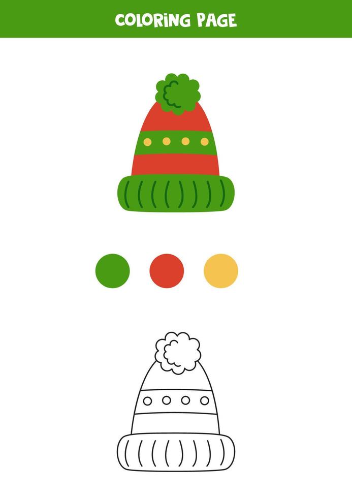 Color red and green winter hat. Worksheet for kids. vector