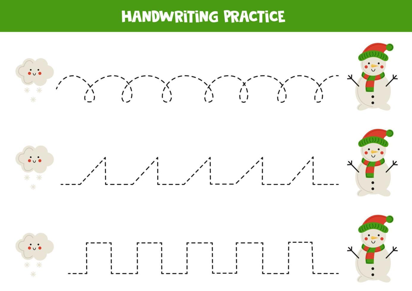 Tracing lines for kids. Cute clouds and snowmen. Writing practice. vector