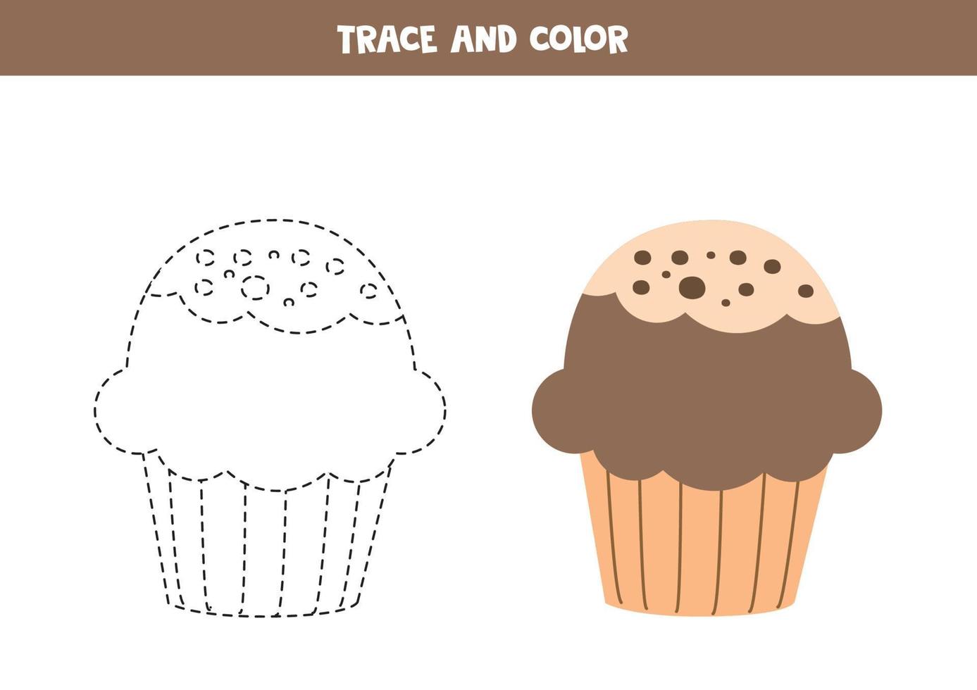Trace and color cartoon cupcake. Worksheet for children. vector
