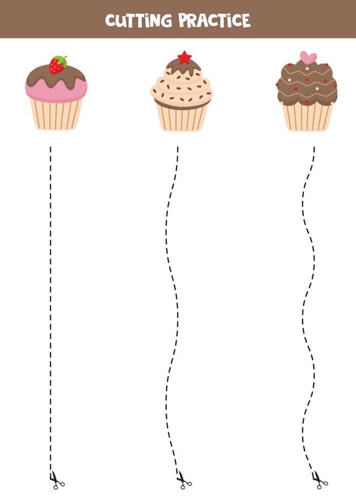 Cutting practice for children with cute cupcakes. vector