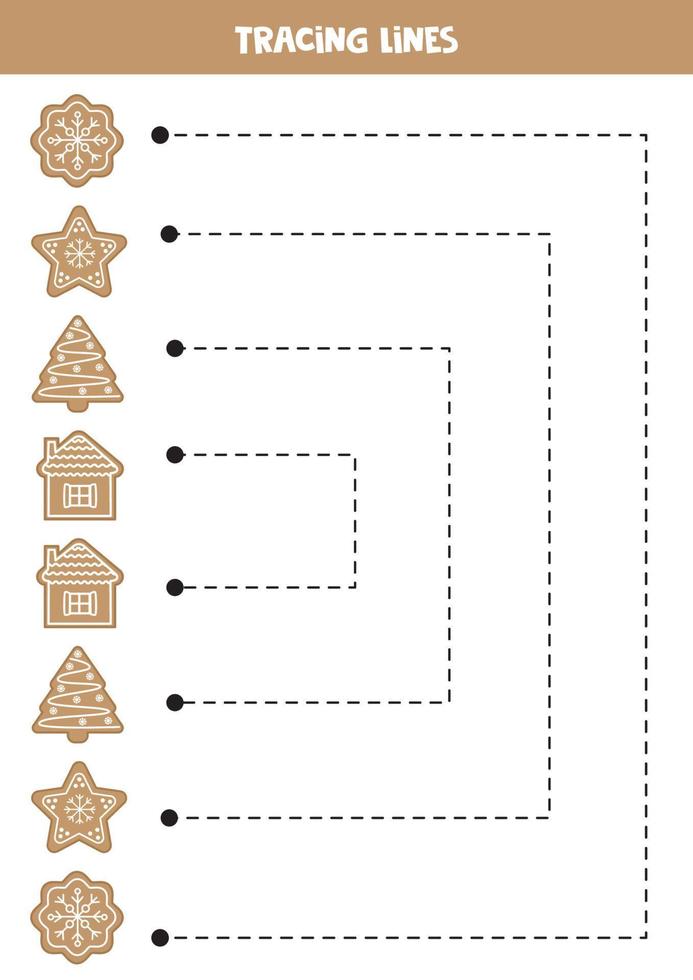 Tracing lines for kids. cute Christmas gingerbread cookies. vector