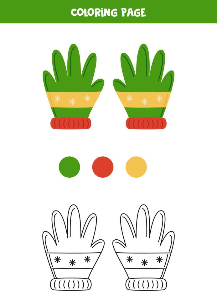 Color red and green winter gloves. Worksheet for kids. vector