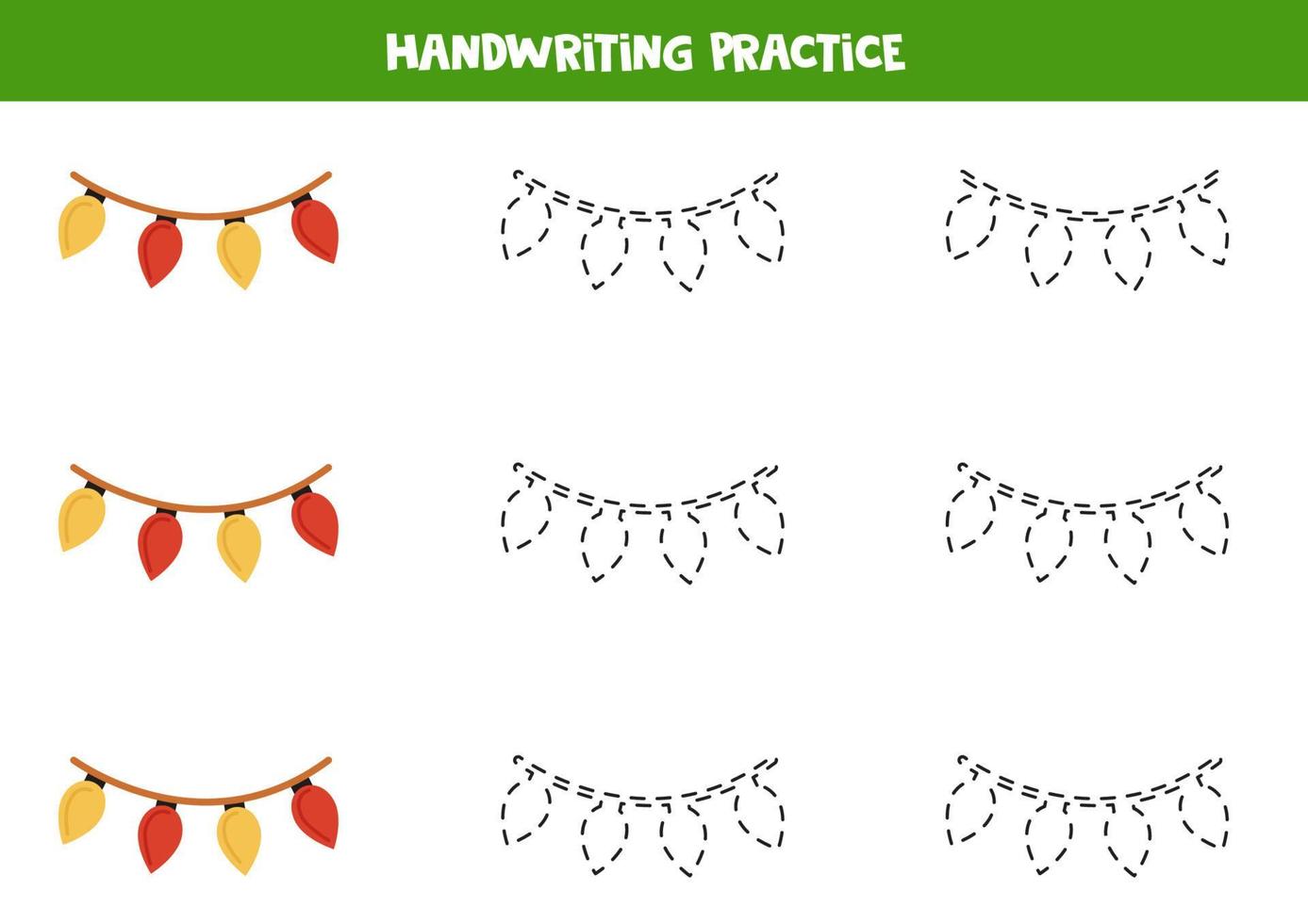 Tracing lines for kids. Cartoon Christmas lights. Writing practice. vector