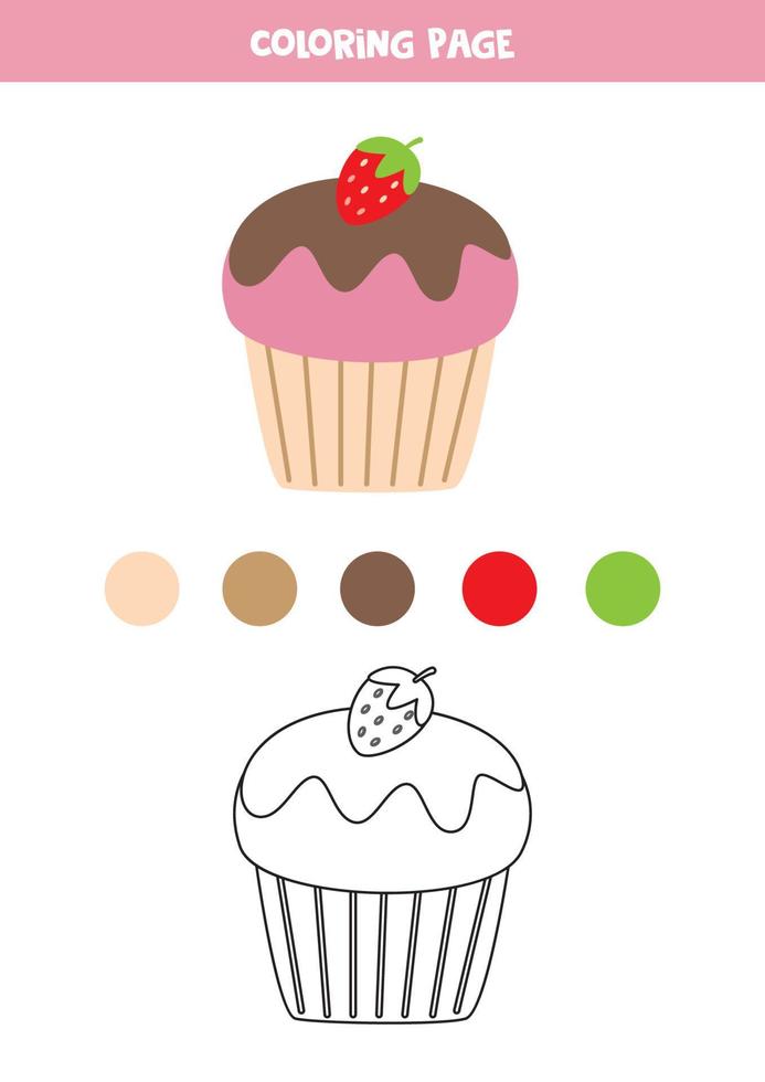 Color cute cupcake with strawberry. Worksheet for kids. vector