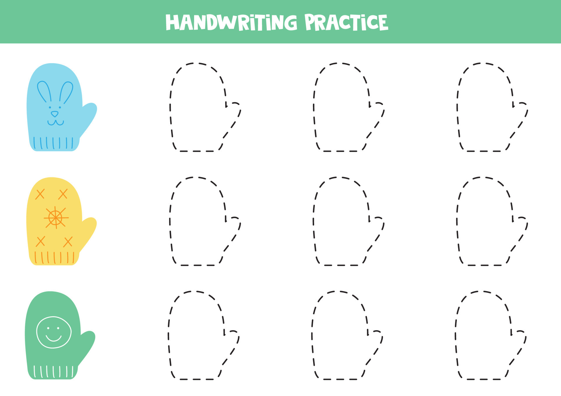 Tracing contours for kids. Cute colorful mittens. Writing practice