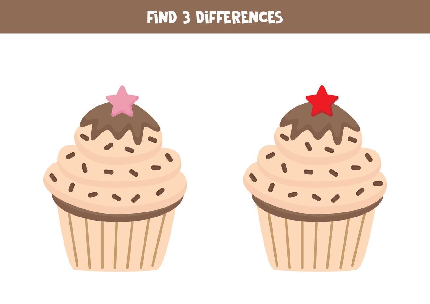 Find 3 differences between two cute cupcakes. vector