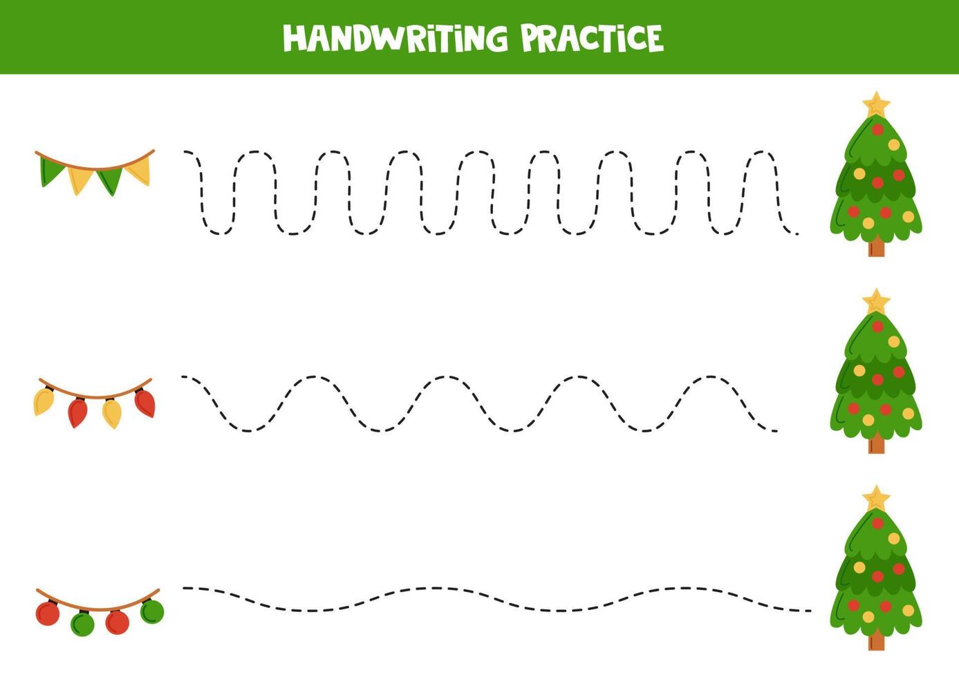 Tracing lines for kids. Cute Christmas garlands and trees. Writing practice. vector
