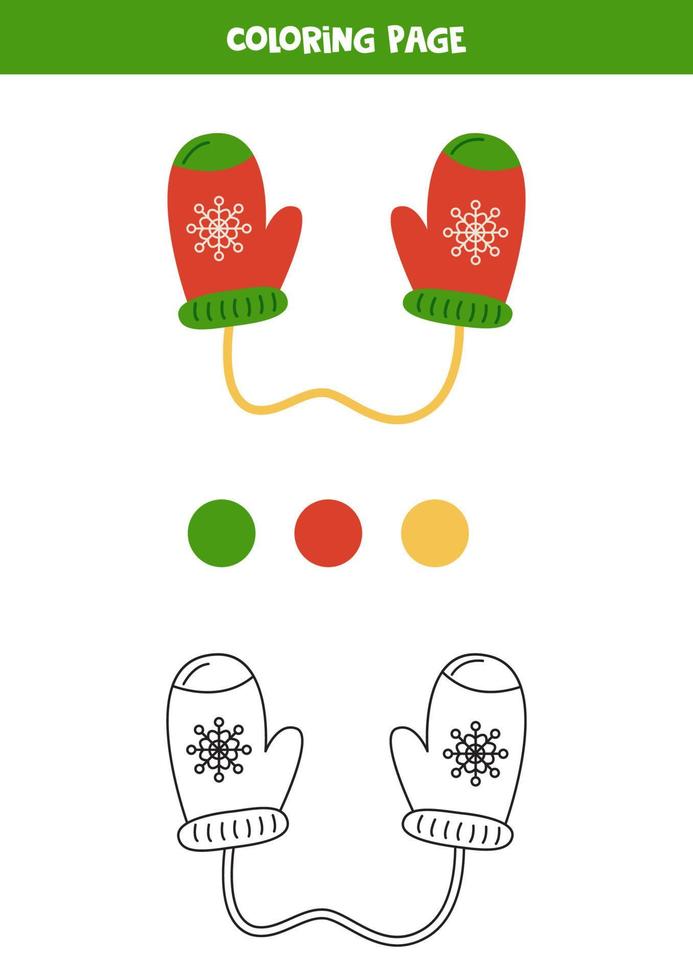Color red and green winter mittens. Worksheet for kids. vector