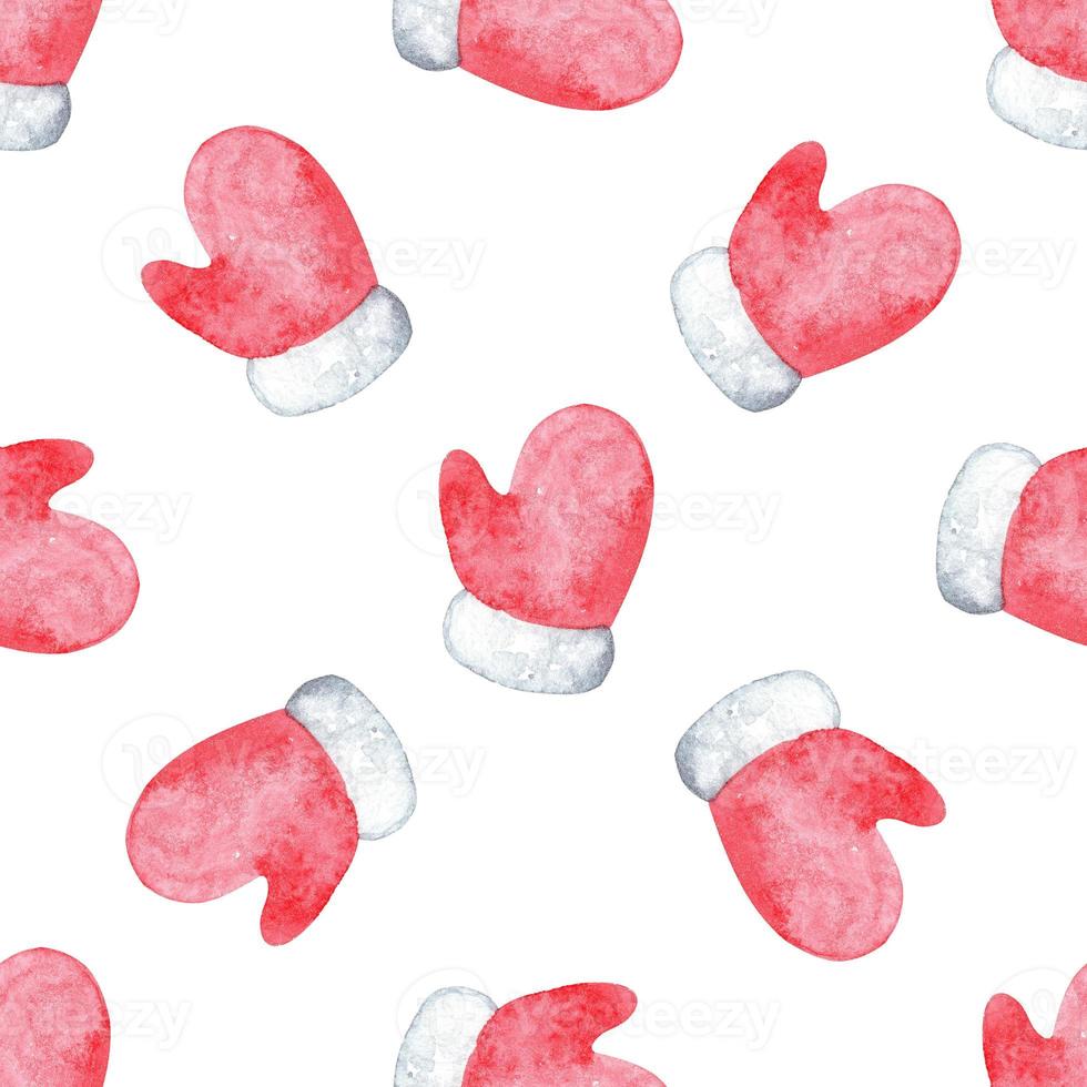 Watercolor red mittens seamless pattern on white photo