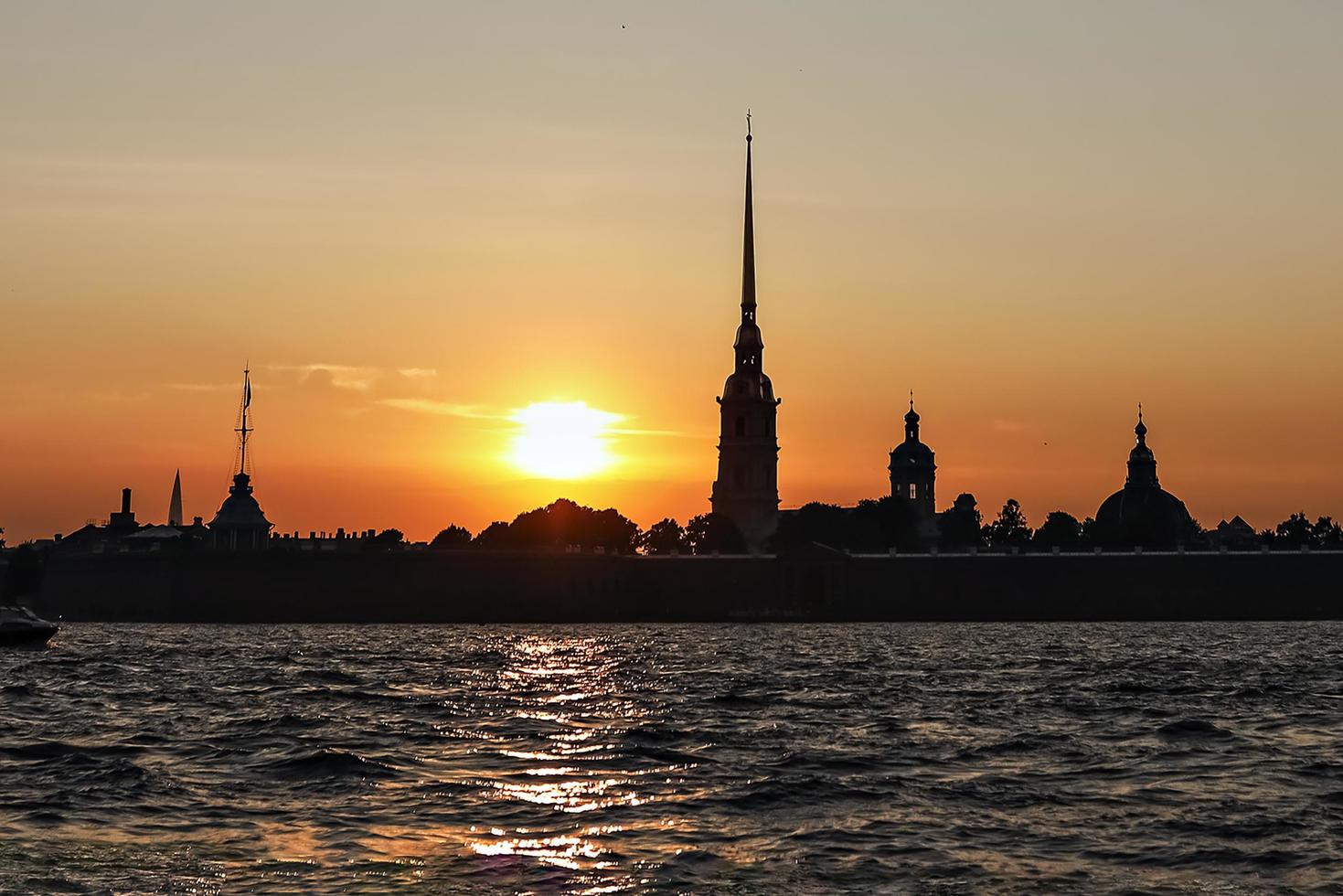 the silhouette of the Peter and Paul Fortress at sunset, view from the Neva River photo