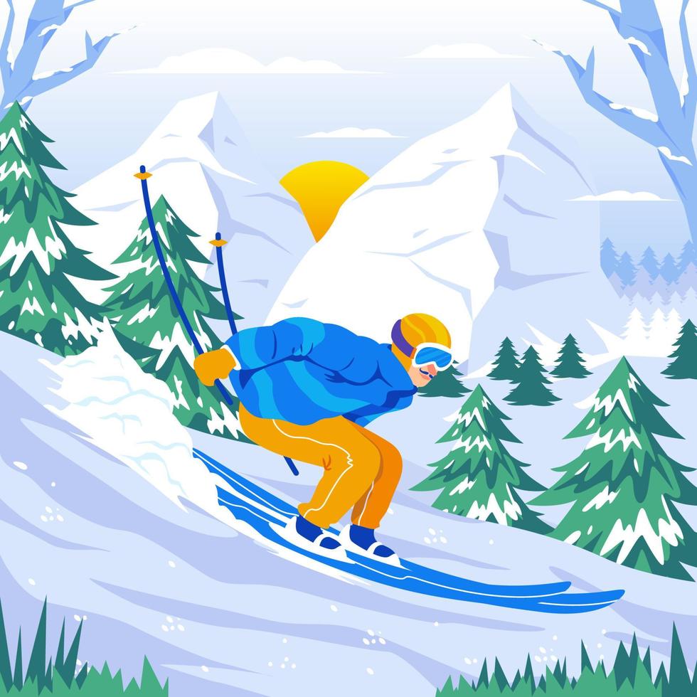 Winter Outdoor Activity Concept with a Man Play Snow Skiing vector