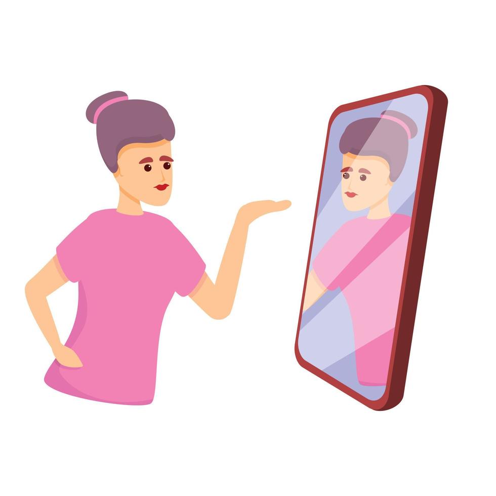 Girl phone selfie narcissism icon, cartoon style vector